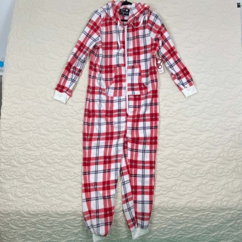 Canada Weather Gear Onesie Red Plaid Fleece Hooded One Piece Pajamas Womens Lrg